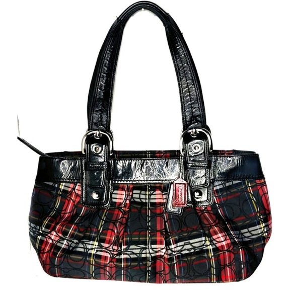 Coach Handbags - COACH Plaid BlackRed Hobo Shoulder Purse